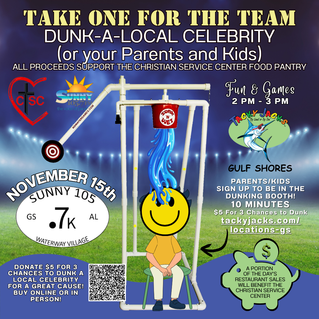 Dunk your favorite Local Celebrity (or your Parents or Kids) Saturday, November 15 at Tacky Jacks Gulf Shores